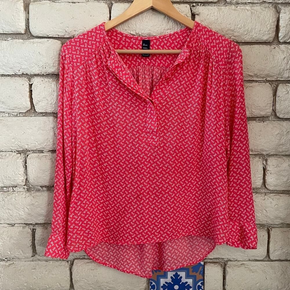 Gap Red & White‎ Dragonfly Print Peasant Blouse – Long Sleeve – XS Petite